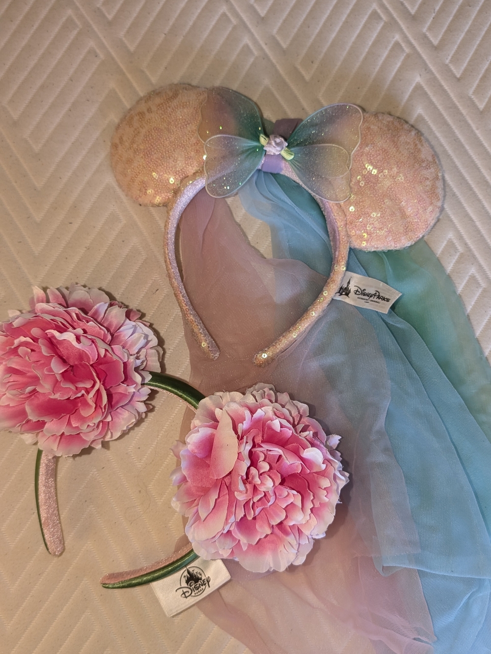 Disney Pink Sequin Minnie Ears Headband with Teal Bow and Veil